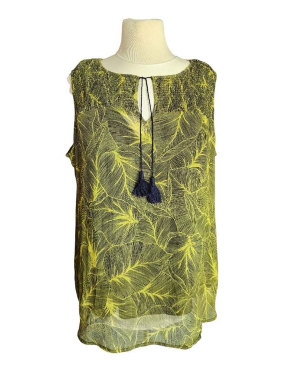 Liz Claiborne Woman 1X Yellow Black Leaf Sheer Smocked Tassel Sleeveless Blouse